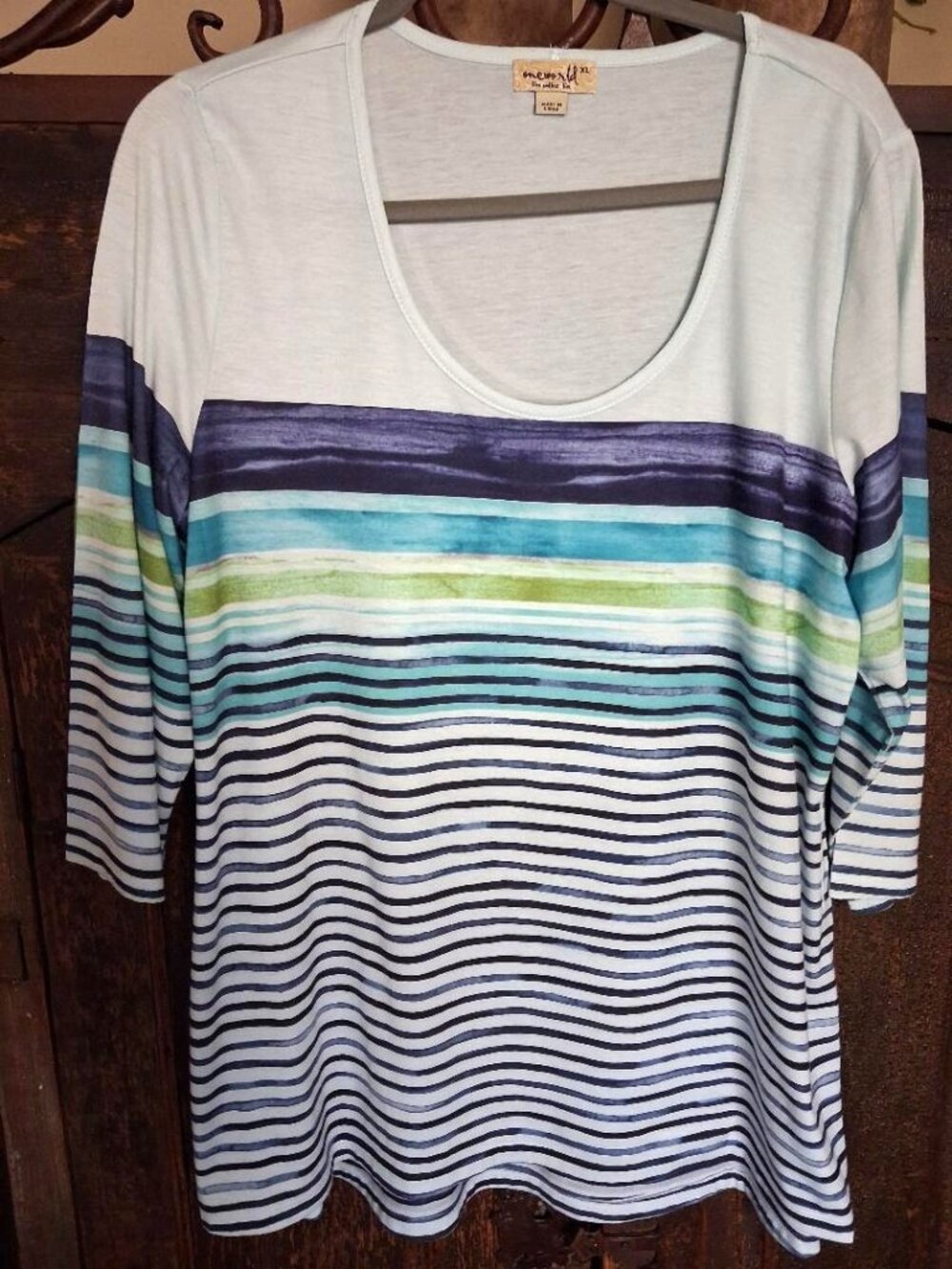 One World Live & Let Live blue/green/purple striped 3/4 sleeve tunic top in XL
